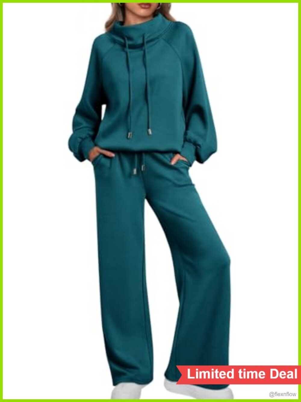 Womens Mock Neck 2 Piece Lounge Sweat Set Raglan Sleeve Wide Leg Pants